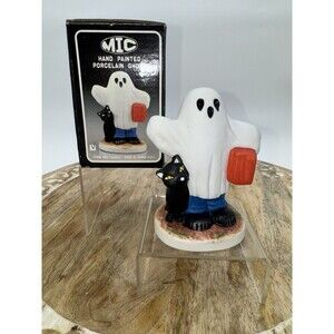 Vintage Halloween MIC Hand Painted Porcelain Ghost And Black Cat Figurine BOO